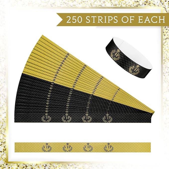 Jadive 500 Pieces Paper Wristbands VIP Plastic Waterproof Party Identification Wristbands Party Bracelets for Events Amusement Parks, Club, Concerts, Fairs, Festivals and Events(Black, Gold)