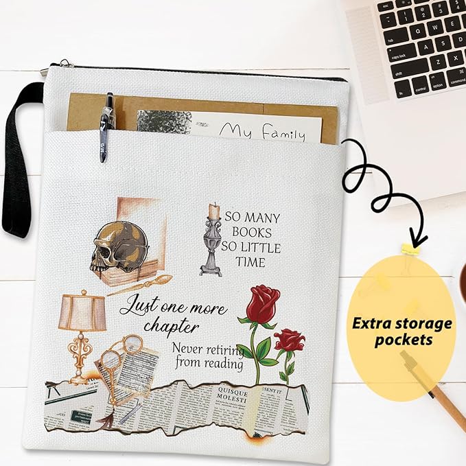 So Many Books So Little Time - Skulls and Roses Book Sleeve, Book Lovers Gifts Book Pouch Book Sleeve with Zipper and Front Pocket Reader Gifts Birthday Gifts for Adult Teen Teacher -04