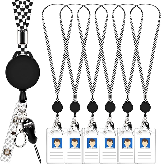 6 Pack Retractable Badge Lanyards and ID Badge Holder, Strap Lanyard with Swivel Metal Clasp for Badge Holders, Keychains, Offices, Staff, Students, Employees, Black White Chequer