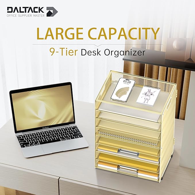 DALTACK 9-Tier Paper Letter Tray Desk Organizer with Handles, Mesh File Holder Organization, File Organizer for Desk Paper Sorter for Office Home School, Gold