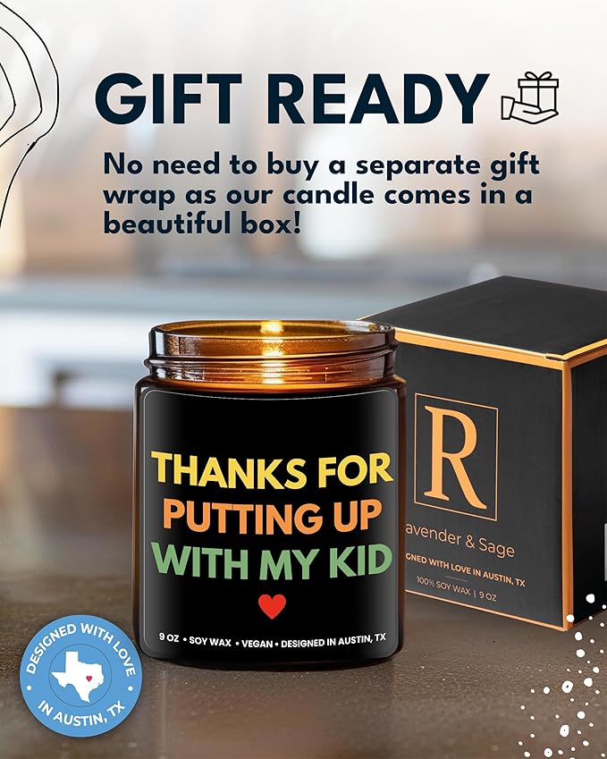 Funny Teacher Candle, Thanks for Putting Up with My Kid, Best Funny Teacher Gifts for Women & Men, Teacher Appreciation Gifts, Daycare Provider, Babysitter Christmas Gifts, Birthday, Gift-Ready