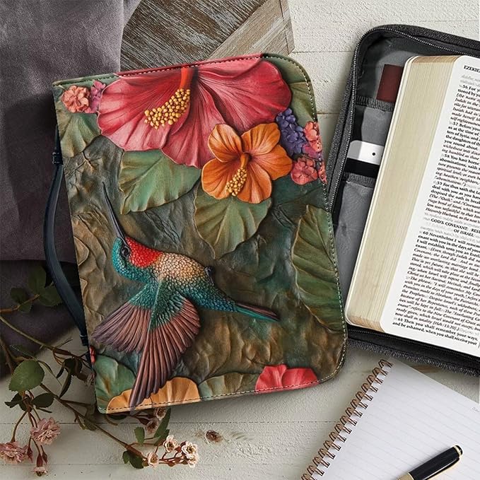 Lotusorchid Leather Bible Book Cover Case with Handle Pocket, Hummingbird Bible Cover Case with Pen Storage, Sturdy PU Bible Tote Bag, Bible Accessories, XL
