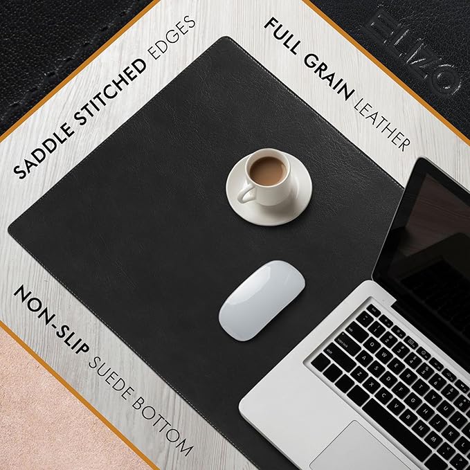 Elizo Leather Desk Mat Desk Pad Blotter Set - Real Full-Grain Leather (32x16) 2-Layer Genuine Desk Cover Protector & Large Mouse Pad | Computer Keyboard Desk Accessories for Office & Home Carbon