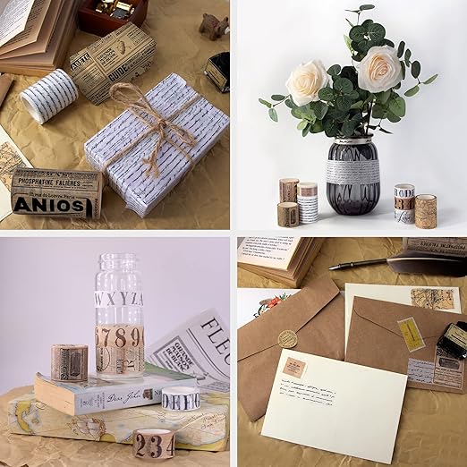 WAPETASHI Vintage Washi Tape Set 157ft Long - Antique Japanese Masking Tapes, Decorative for Scrapbooking Supplies, Bullet Journals, Planners, DIY Crafts, Gift Wrapping - 8 Different Design