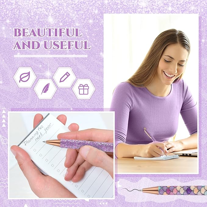 Sherr 7 Pcs Fancy Pens for Women Cute Sparkly Glitter Pens with 10 Pcs Black Ink Refills Pretty Gifts for Girls Office School Christmas Graduation(Purple,Stylish)