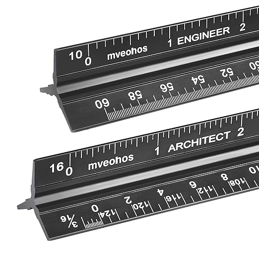 Architectural and Engineering Scale Ruler Set, Imperial Measurements 12'', Black Laser-Etched Aluminum Architect Triangular Ruler for Architects, Students, Draftsman, and Engineers