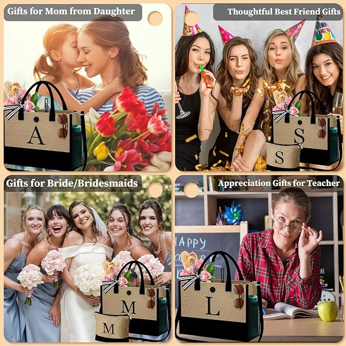 YOOLIFE Christmas Gifts for Women - Initial Jute Tote Bag & Makeup Bag, Birthday Gifts for Women Her Mom Teacher Friend
