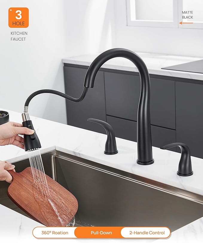 Black Kitchen Faucet 3 Hole with Pull Down Sprayer, 2-Handle High Arc Kitchen Sink Faucet with 3 Function Spray, Stainless Steel, T-3005B