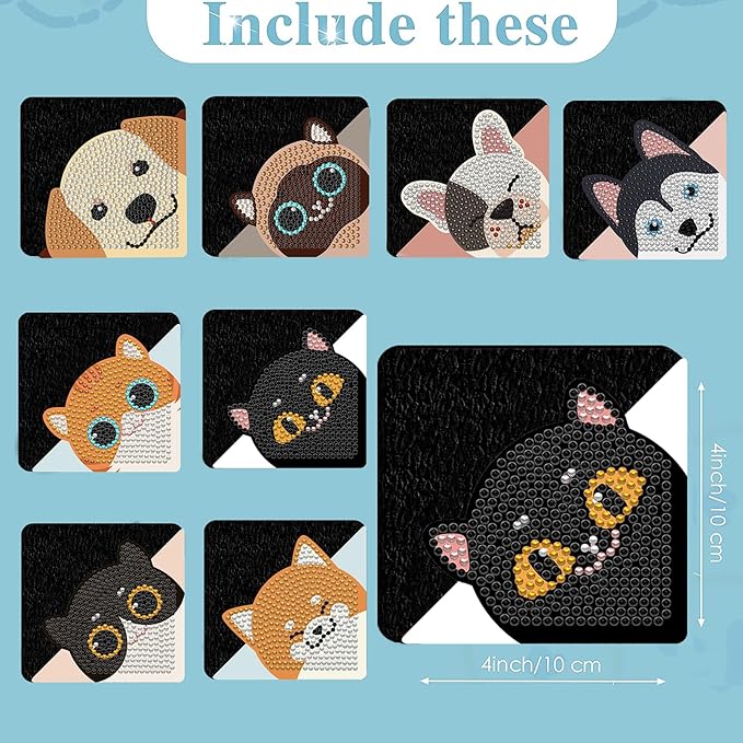 Diamond Art Bookmark Shape Rhinestone Bookmark Crystal DIY Diamond Drawing Bookmark Diamond Art by Number Embroidery Painting Bookmark for Arts Crafts Gift (Cats&Dogs 8)