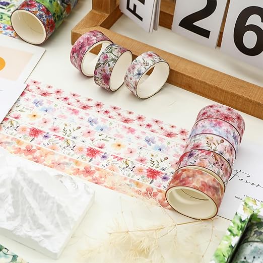 18 Rolls Blossom Washi Tape Set Floral Arts Adhesive Tapes Flowers Garden Decorative Masking Tape Sets for Craft, Kids, Scrapbook, DIY, Gift Wrapping (Blossom Festival)