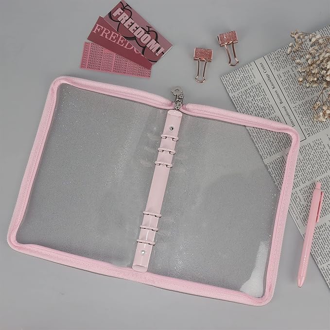 Multibey A5 Binder Cover Clear Soft PVC 6-Ring Binder Cash Budget Evelopes System with Zipper Planner Organizer Refillable Notebook Journal Binder (Pink, A5)