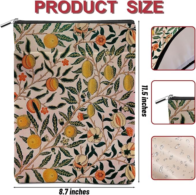 Vintage Flower Lemon Book Sleeve Book Lovers Gifts Autumn Style Waterproof Book Cover Book Accessories Book Covers for Paperbacks Book Pouch Book Protector with Front Pocket for Women Girls Readers