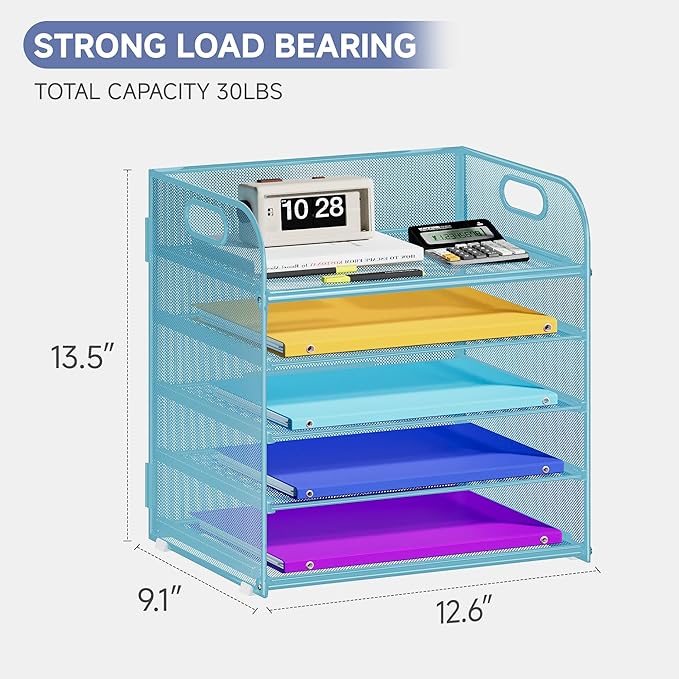 5 Tier Paper Organizer with Handle, Metal Mesh Desk Organizer File Folder Organizer Paper Letter Tray Desktop Document Sorter for Classroom, School, Office Organization and Storage - Blue