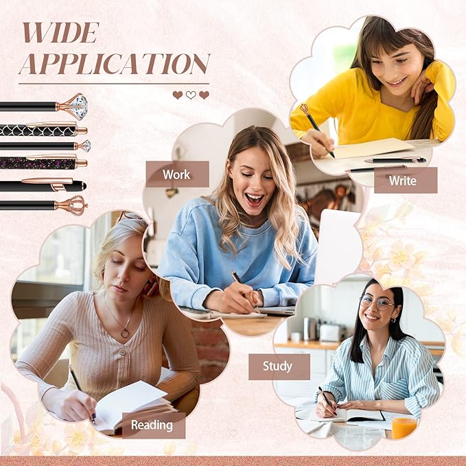 6 Pcs Ballpoint Pens Set Metal Crystal Diamond Pen for Journaling Glitter Pretty Cute Stationery Black Ink Fancy Gifts for Women Girls Teacher Office Wedding School Supplies(Black)