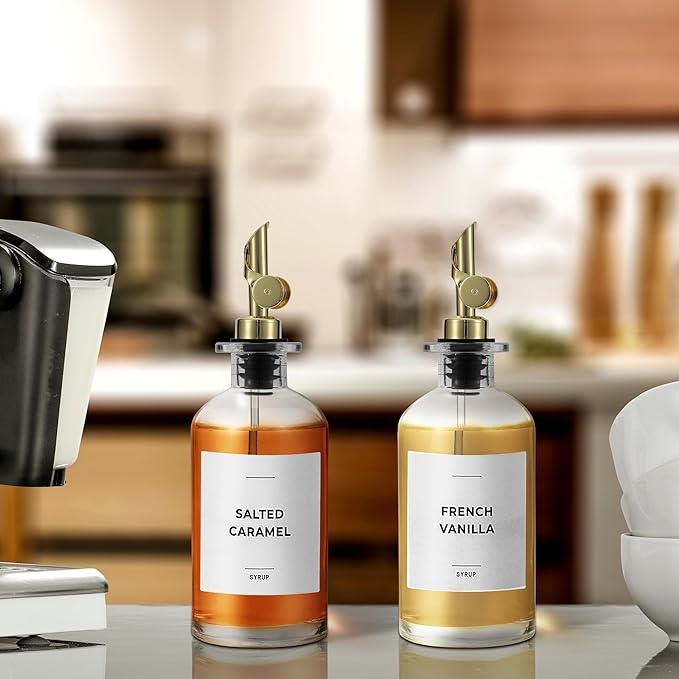 Olive Oil & Coffee Syrup Labels for Bottles - 2.5" x 2.5" Waterproof Kitchen PVC Sticker Labels for Oils, Coffee Syrups, Vinegars, Sauces, Cooking Wines, Condiments - Minimalist White, 61pcs