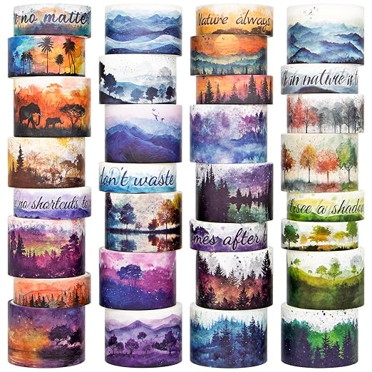 Washi Tape Set 32 Rolls, Four Seasons Forest Natural Washi Tapes for Journaling, Planner, Trees Masking Decorative Tape for Scrapbook Supplies, Junk Journal Supplie (Spring, Summer, Fall, Winter)
