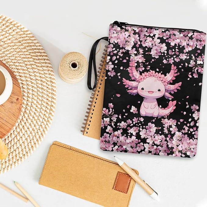 COEQINE Axolotl Flower Book Covers for Girls Large Capacity Book Sleeves Cover with Zipper Portable Book Cherry Blossom Book Pouch Case