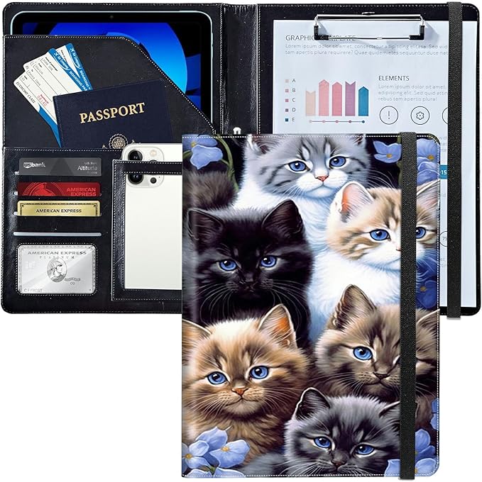 PU Leather Padfolio Folder Clipboard Portfolios Organizer Conference Document Organizer with Business Card Holder Storage Clipboard Writing Pad,Cute Cats