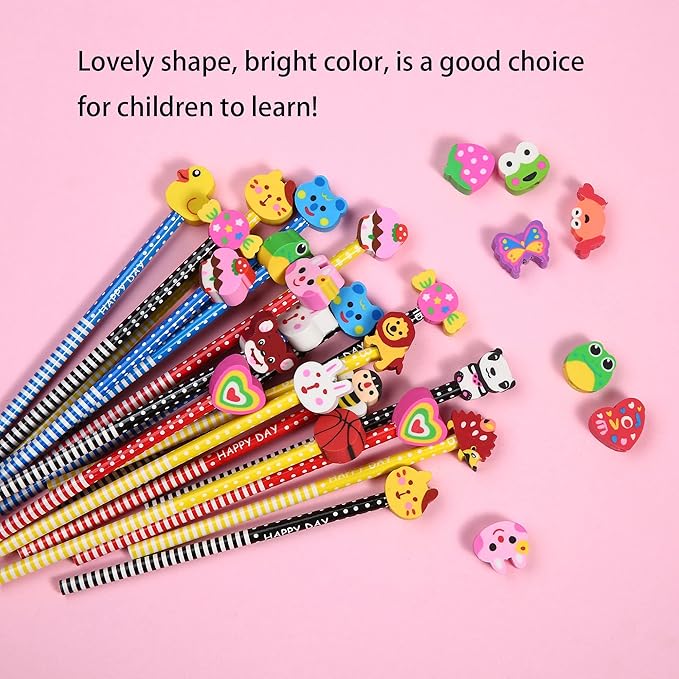 28PCS Pencils with Fruit Animal Top Eraser for Kids,Pencils with Assorted Cartoon Color Stripe Erasers Topper for Kids School Supplies and Children Prize Gifts (28)