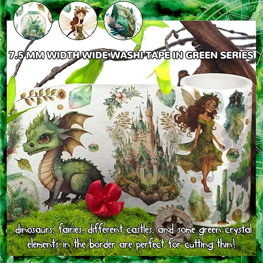 Washi Tape Set 23 Rolls, Magic & Fairy Themed Scrapbook Tape for Bullet Journal Set, Colored Masking Tape for Scrapbooking Supplies, Junk Journaling, DIY Craft (Dragons/Cats/Castles)