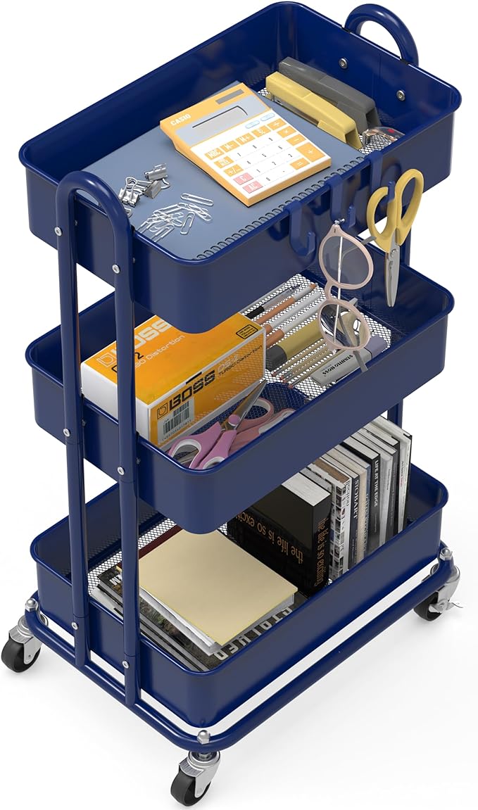 Simple Houseware Heavy Duty 3-Tier Metal Utility Rolling Cart, Navy