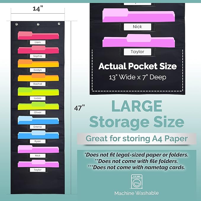 Black Pocket Chart for Classroom - 10 Pocket Storage Rainbow Pocket Charts , 3 Over Door Hangers Included, Hanging Wall File Organizer for File Folders, School Mailbox, Home/Office Papers