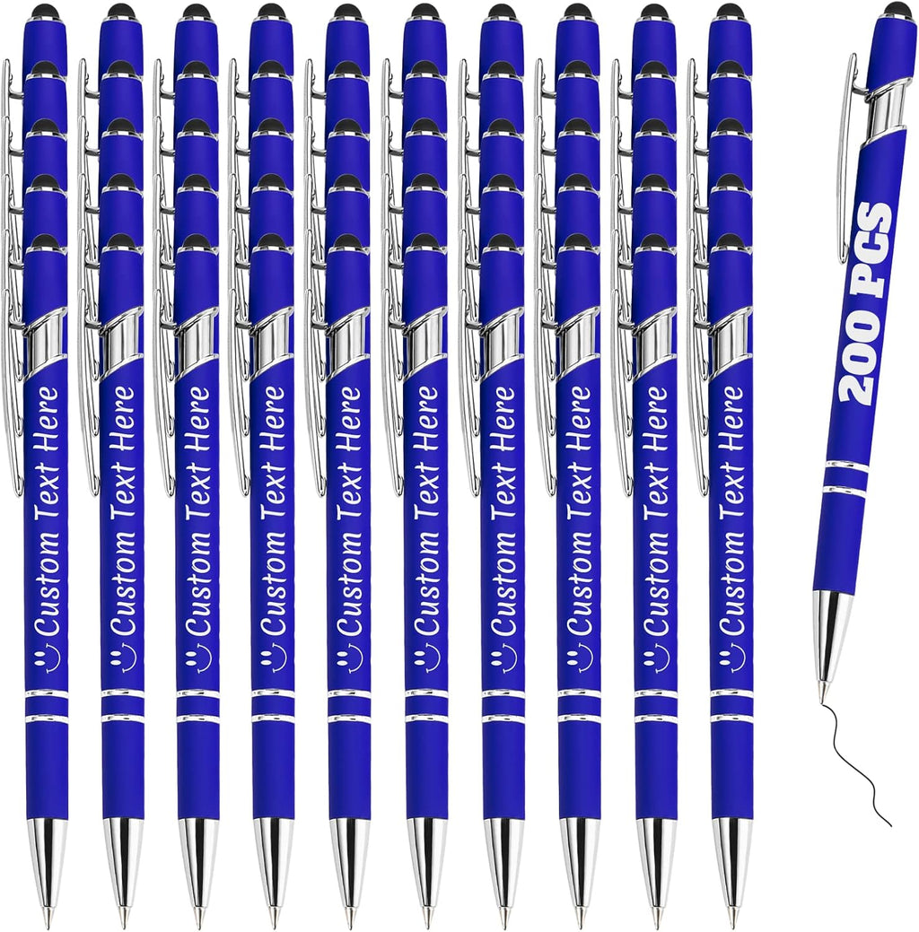 Personalized Pens Bulk 200 with Name Custom Engraving Ballpoint Pens with Stylus Tip Customized Smooth Writing Pens Personalized Gifts for Anniversary Birthday or Graduation(Blue,Black Ink)