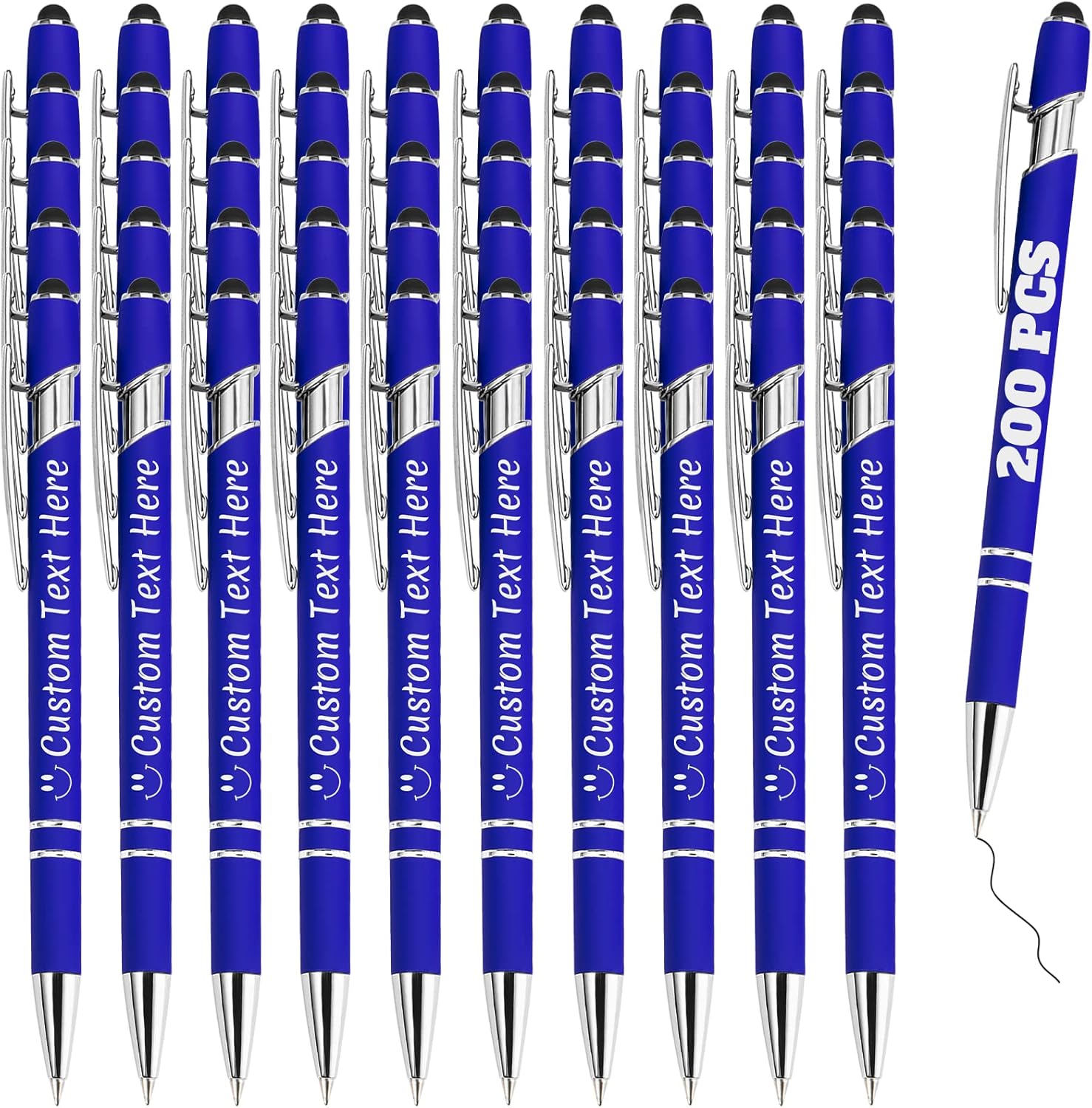Personalized Pens Bulk 200 with Name Custom Engraving Ballpoint Pens with Stylus Tip Customized Smooth Writing Pens Personalized Gifts for Anniversary Birthday or Graduation(Blue,Black Ink)
