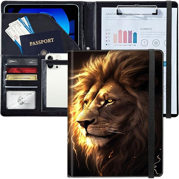 PU Leather Padfolio Folder Clipboard Portfolios Organizer Conference Document Organizer with Business Card Holder Storage Clipboard Writing Pad,Lion with Lightning