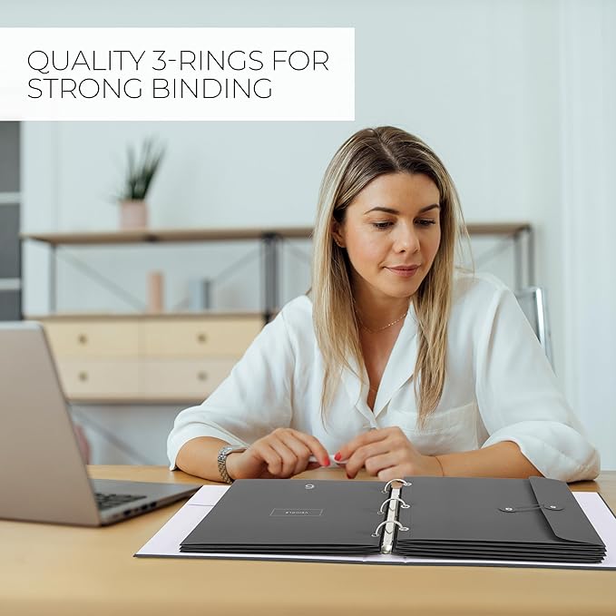 Aesthetic Document Organizer - Sturdy Linen 3-Ring Binder Safely Stores All Your Important Documents and Files in One Place - Easy to Use Expanding Storage Folder Incl. Envelopes, Pockets & Labels