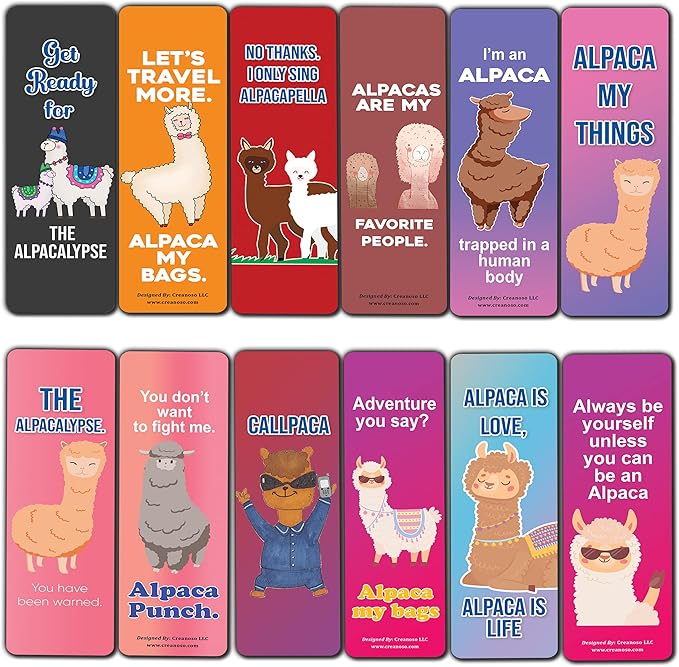 Creanoso Alpaca Funny Bookmarks (2-Sets X 6 Cards) – Daily Inspirational Card Set – Interesting Book Page Clippers – Great Gifts for Adults and Professionals