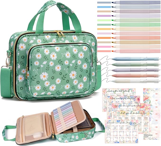 Bible Cover for Women Bible Case, Large Bible Bag w/ Shoulder Strap, Bible Study Supplies Bible Journaling Kit Book Carrying Case with Bible Highlighters Tabs, Christmas Christian Gifts for Women Lady