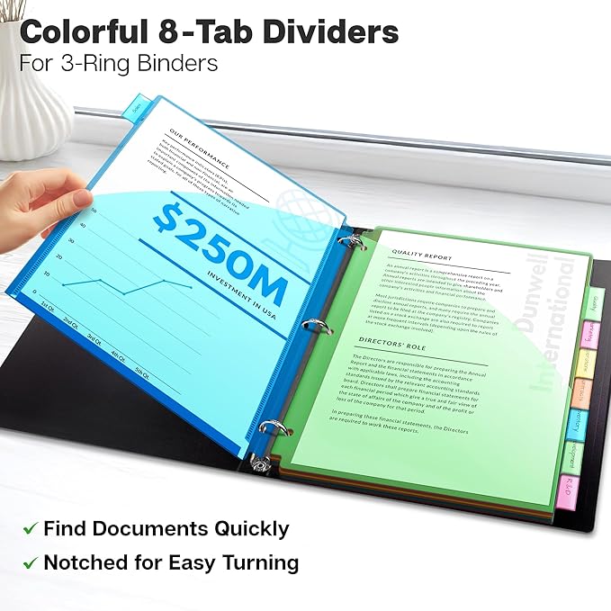 Dunwell 2-Pocket 8-Tab Divider Pockets, (3 Sets, 24 Count), 5 Colors, Plastic 8 Subject Notebook Tab Dividers for 3-Ring Binders, Includes Label Inserts, Durable Acid-Free Poly