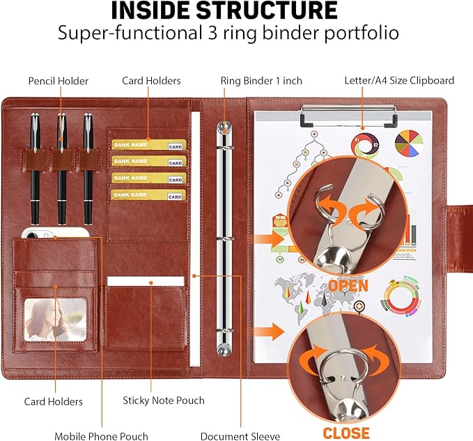 Toplive Portfolio 3 Ring Binder Padfolio Folder, Business Interview Resume Portfolio for Women Men A4/Letter Size Document Organizer with Clipboard Receipt Sleeve Card Holder, Brown