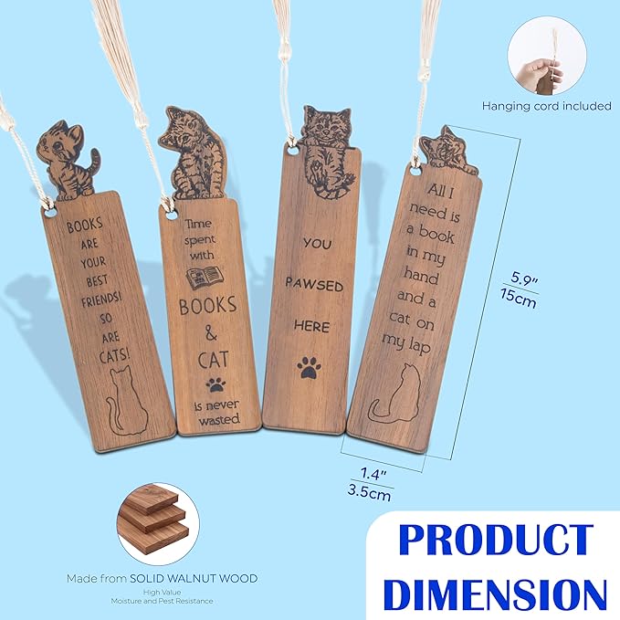 Cat Bookmark – Set of 4 Wooden Bookmarks with Tassels, Made from Walnut Wood,Funny Bookmark Gift for Men and Women, Novelty Gag Bookmark for Book Lovers,Christmas Stocking Stuffer