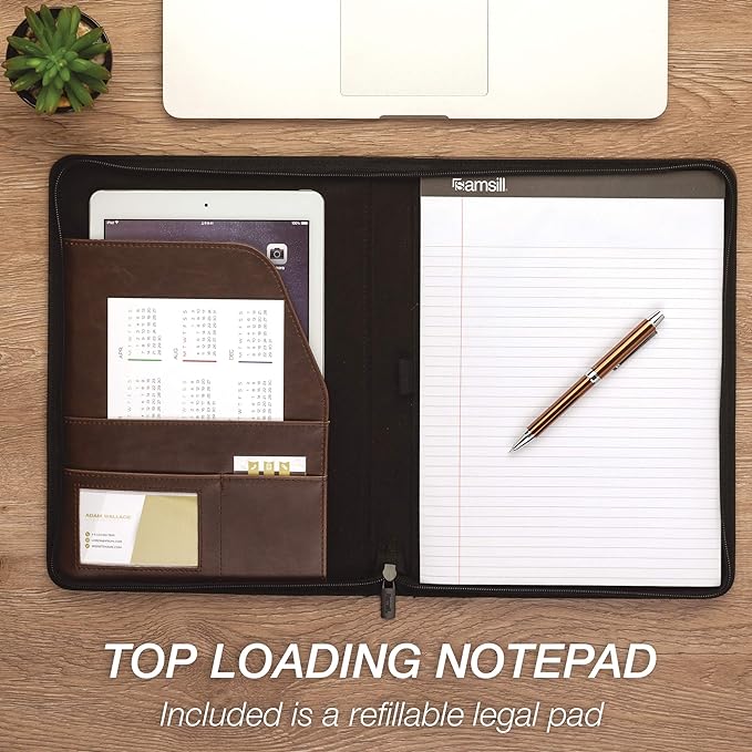 Samsill Vintage Portfolio/Zipper Faux Leather Portfolio, Book Style Hardback Design, Business & Interview Padfolio Organizer, 8.5 x 11 Writing Pad, Dark Brown