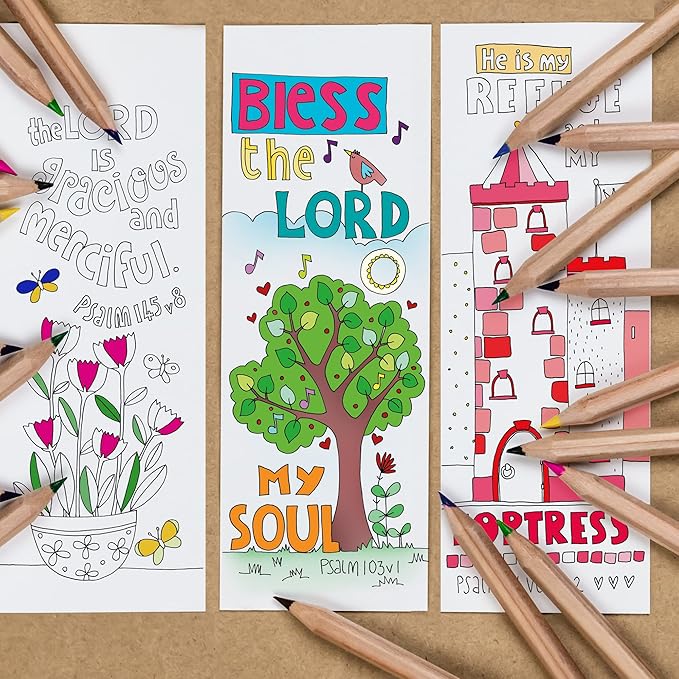 Christian Colouring Bookmarks, Psalms, Pack of 10 Different Designs, with Coloured Bible Verse on Reverse. Makes a Great Christian Gift for Adults or Children, by Just Cards Direct. (White/EPBM)