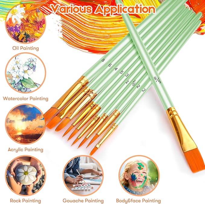 Soucolor Watercolor Paint Brushes Set, 40Pcs Round Pointed Tip Painting Supplies for Acrylic Painting Oil Watercolor Halloween Pumpkin Ceramic Crafts Supplies Rock Body Face Nail Art, Mint Green