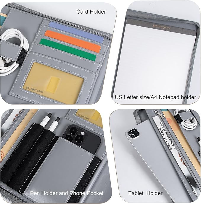 Personalized Leather Portfolio with Zipper, Professional Business Padfolio with A4/US Letter Writing Pad holder For Interview, Resume folder for Men and Women, Gray