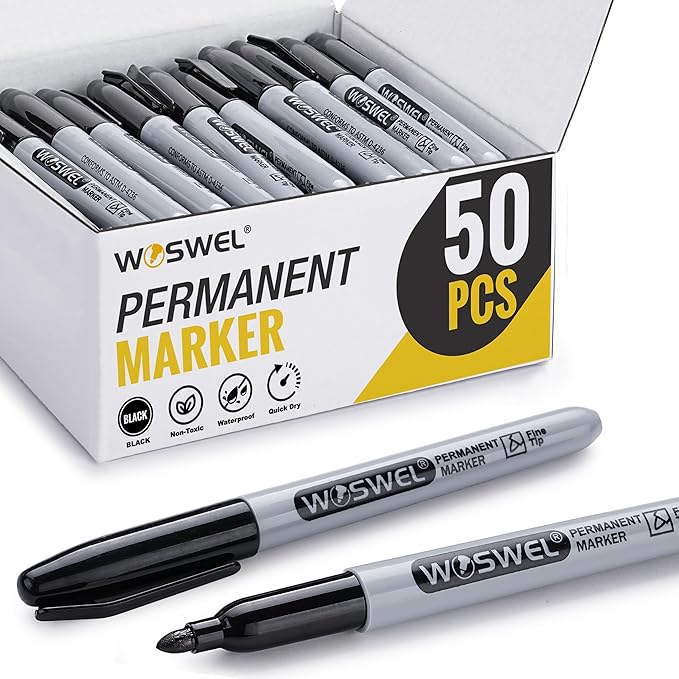 Permanent Markers Bulk, 50 Pack, Black Permanent Marker Pens, Fine Tip, Waterproof, Quick Drying, Smooth Writing, Used on Glass Metal Stone Paper Most Surfaces, Office School Supplies
