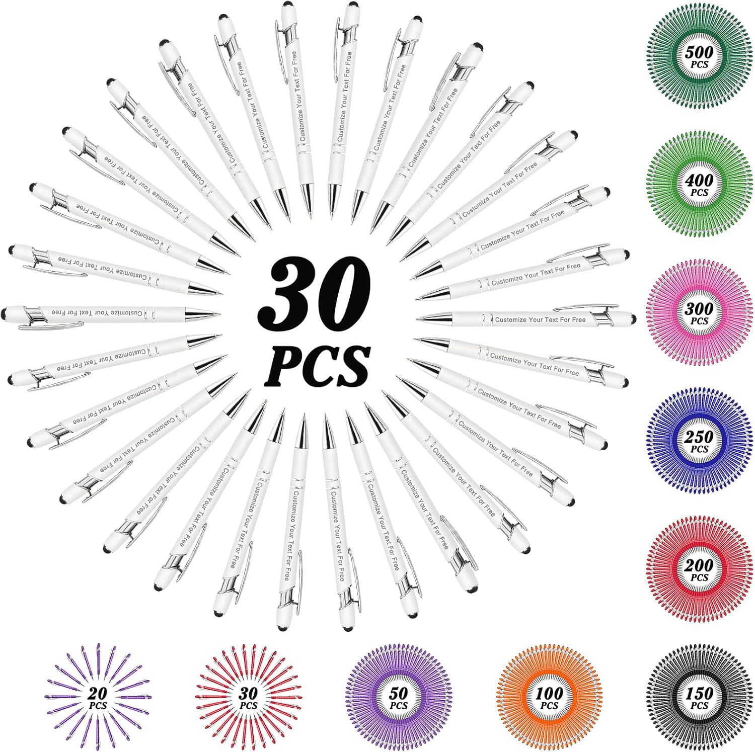 Max 500 Pcs Personalized Pens Bulk, Custom Pens with Free Engraving, Customized Stylus Tip Ballpoint Pen with Your Name Massage Text for School Office Business Graduation Anniversaries-30 Packs