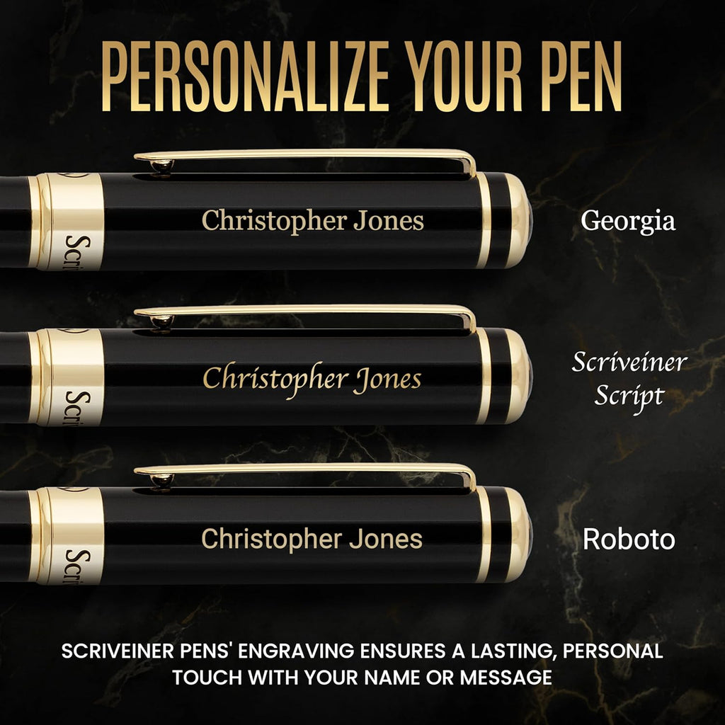 Scriveiner Personalized Black Rollerball Pen - Stunning Luxury Pen, Jet Black Lacquer & Real Gold Plating, Schmidt Ink Refill, Best Engraved Roller Ball Gift for Men & Women, Custom Name Engraving