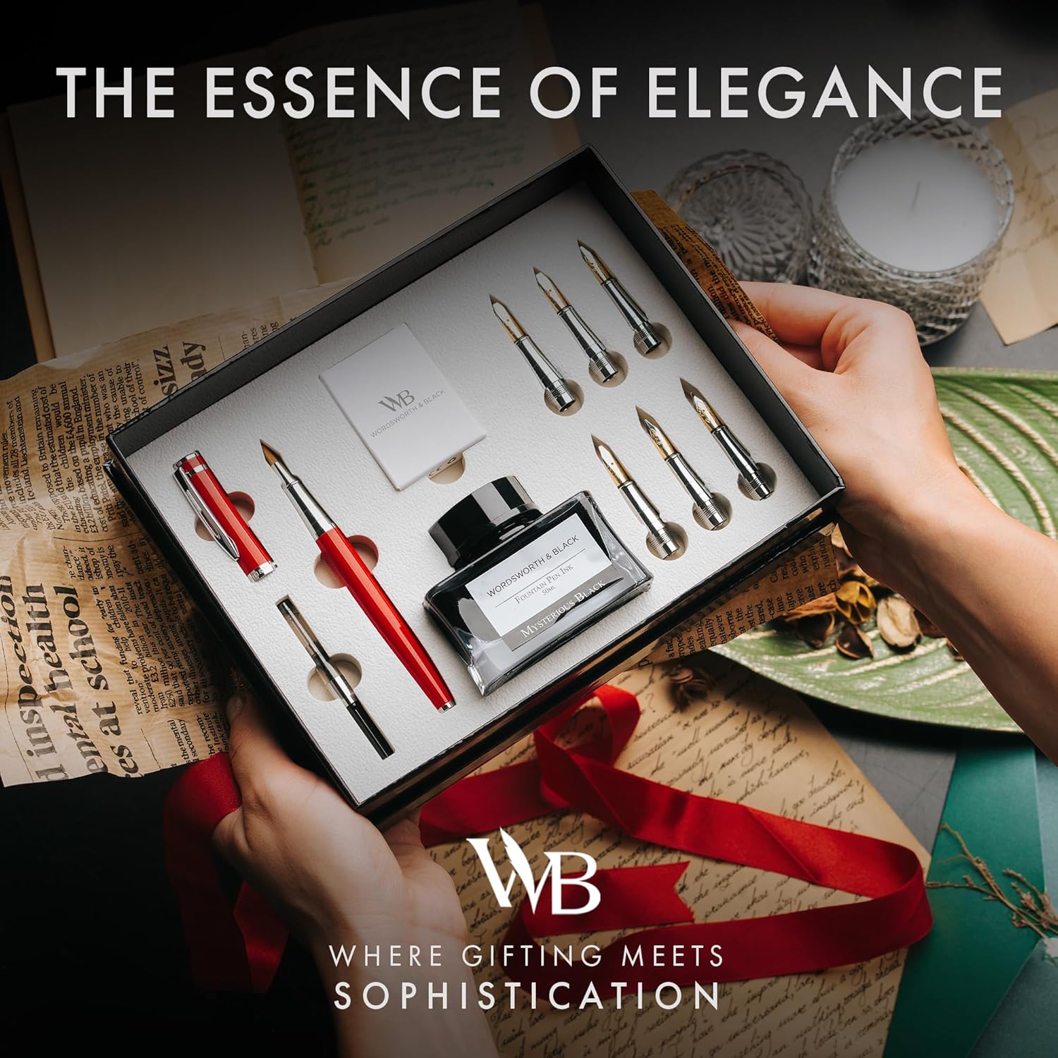 Wordsworth & Black Calligraphy Pen Gift Set, Includes Bottle, 6 Cartridges, Refill Converter, 6 Replacement Nibs, Premium Package, Journaling, Smooth Writing Pens [Red Chrome]