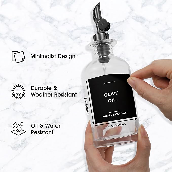 Olive Oil & Coffee Syrup Labels for Bottles - 2.5" x 2.5" Waterproof Kitchen PVC Sticker Labels for Oils, Coffee Syrups, Vinegars, Sauces, Cooking Wines, Condiments - Minimalist Black, 61pcs