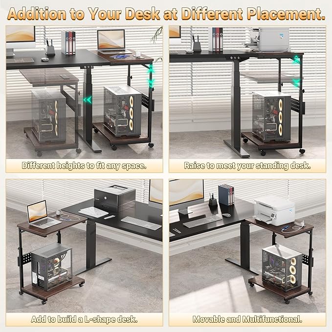 Computer Tower Stand with Power Strips, Height Adjustable PC Tower Stand/Cart with Wheels, Mobile Rolling CPU Holder, Computer Cart Side Stand for Computer Desk, 24", Black Walnut