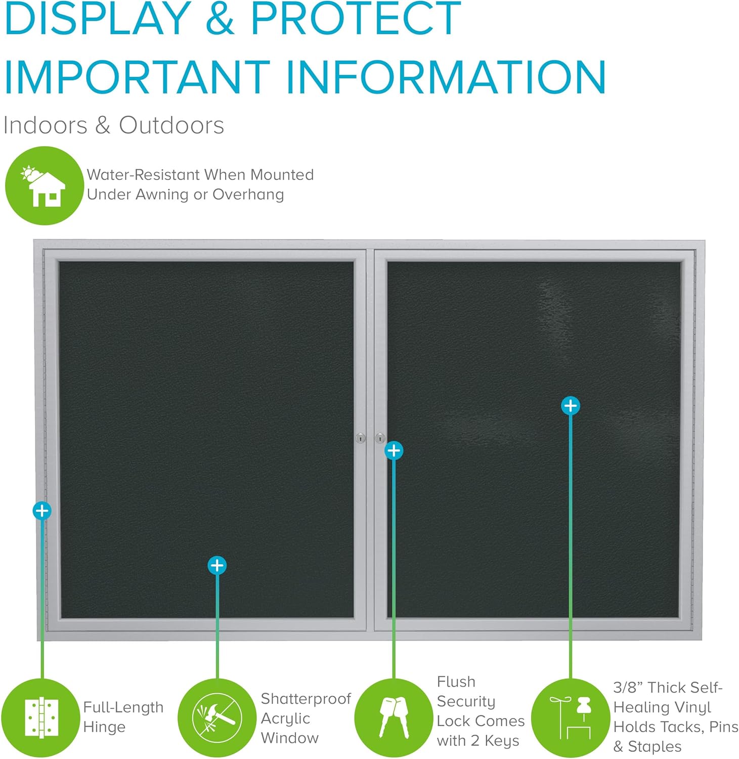 Ghent 48"x60" 2-Door Outdoor Enclosed Vinyl Bulletin Board, Shatter Resistant, with Lock, Satin Aluminum Frame - Ebony (PA24860VX-183), Made in the USA