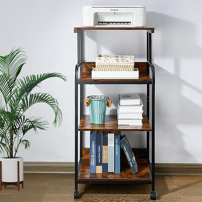 4 Tier Printer Stands, Printer Desk with Wheels, Multipurpose Office and Home Printer Stands, Shelving for Printers or Office for Fax Machines, Scanners, Printer carts for Office Vintage Brown