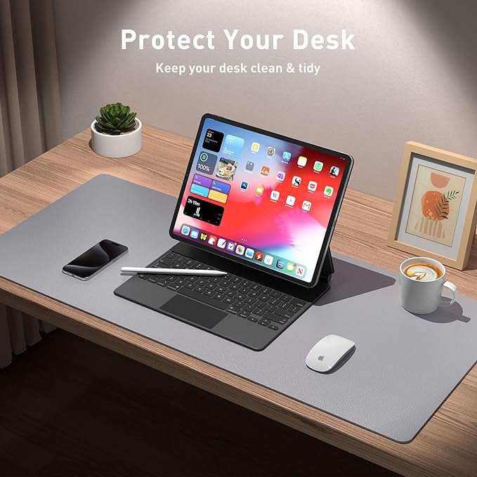 Aothia Leather Desk Pad Protector, Mouse Pad, Office Desk Mat, Non-Slip PU Leather Desk Blotter, Laptop Desk Pad, Waterproof Desk Writing Pad for Office and Home (48"x17", Light Grey)