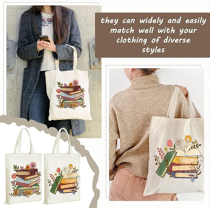 Sweetude 8 Pack Christmas Book Club Gifts Book Lovers Tote Bag Bulk Bookish Canvas bag Librarian Readers Gifts for Women(Book)