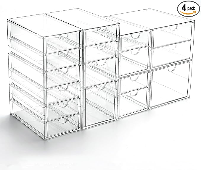Prsildan Acrylic Drawer Organizer with 17 Drawers, Craft Office Desk Makeup Organizers Accessories, Set of 4 Clear Stackable Storage Drawers for Vanity, Countertop, Jewelry, Art Supply Organization